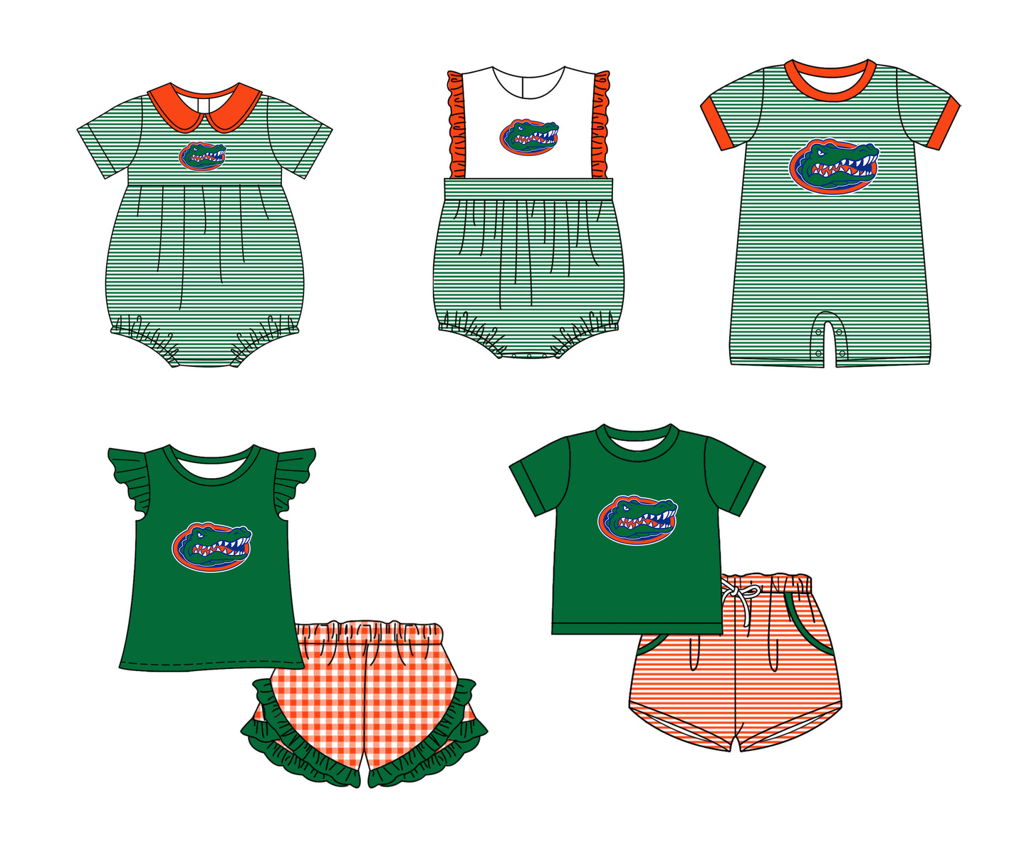 Custom moq 5 mix size milk silk summer teams Baby Boys And Girls Green Short-Sleeved Shirt And Shorts Set Matching Striped Rompers Outfit Set
