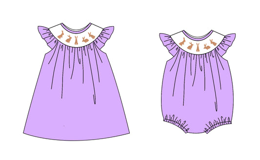 25.10.22 custom each style moq 5 eta 6-8week Sibling Sisters bunny purple baby girl short sleeve dress and romper match family design