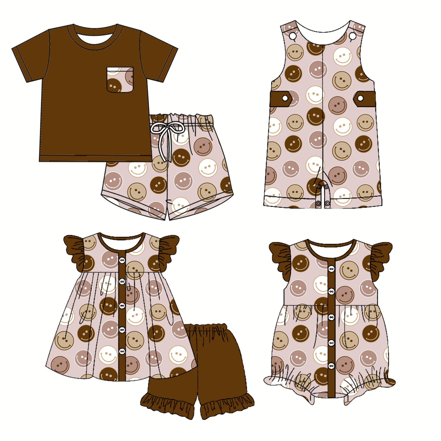 2.26 custom each style moq 5eta 4-6week Sibling Sister smiley baby girl short sleeve shorts sets and sets 2 and boy romper and girl romper match design