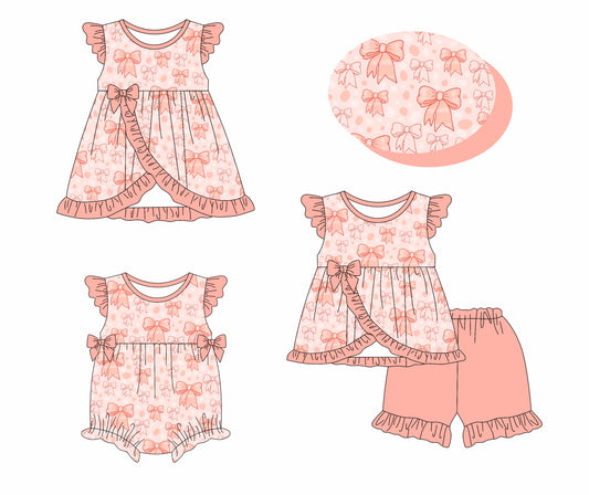 3.26 custom each style moq 5eta 4-6week Sibling Sisters bow baby girl short sleeve shorts sets and dress and rompers match family design