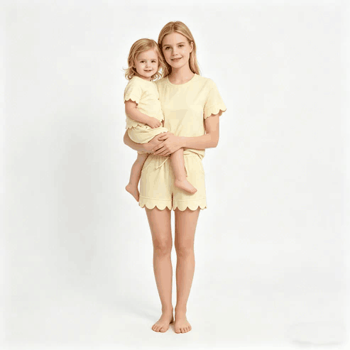 RTS NO MOQ Sibling  Mom And Me Yellow Short Sleeve Top With Pockets Scallop Shorts Sets