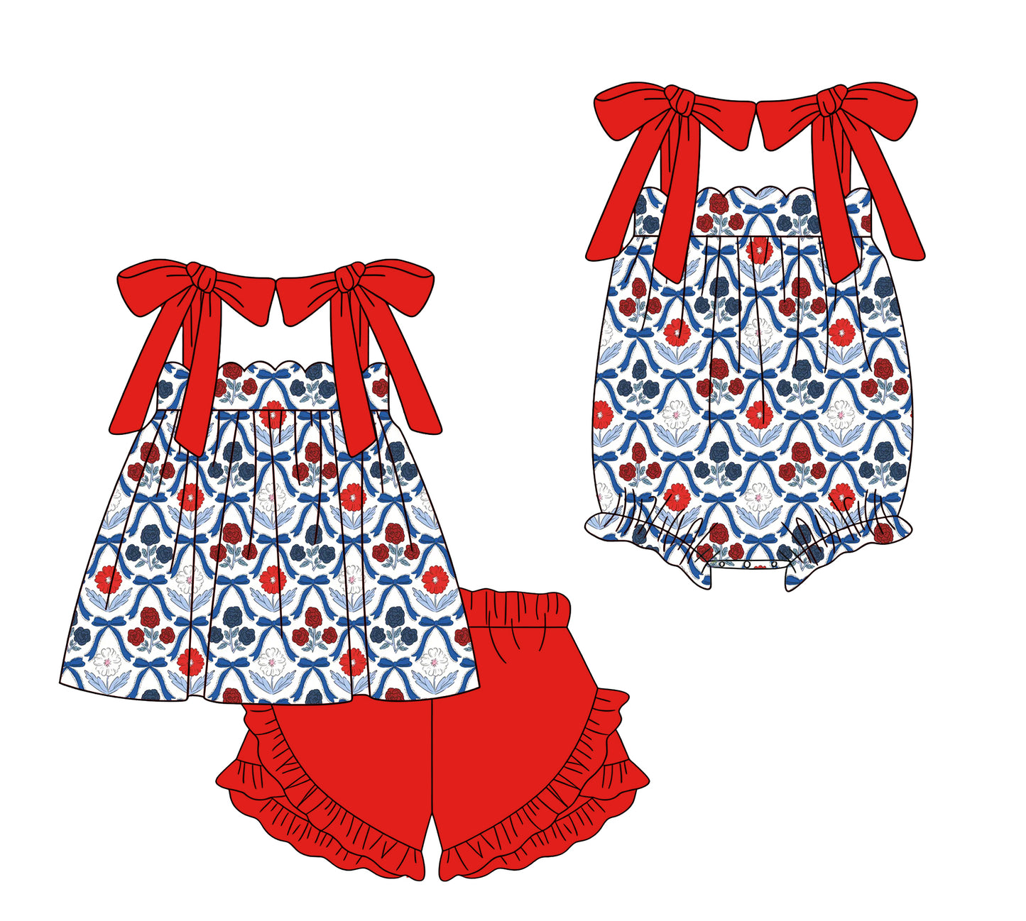 3.16 Custom moq 5 mix size Sibling Baby Girls Flowers Sleeveless Top And Red Ruffle Shorts Set Matching Romper Outfit