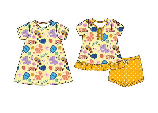4.24 custom each style moq 5eta 4-6week Sibling Sister pencil bow floral baby girl short sleeve shorts sets and dresses match design