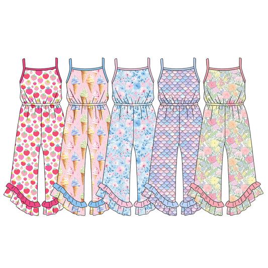 Custom moq 5 mix size Sibling Baby Girl Sleeveless Printed Jumpsuit for Spring/Summer Season