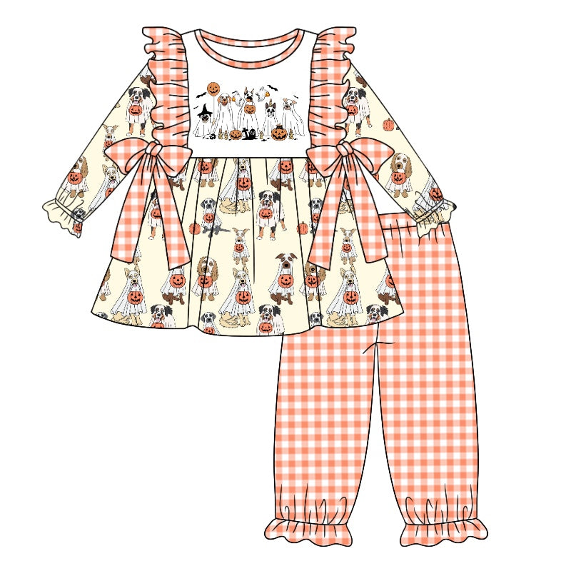 5.9custom each style moq 5eta 4-5week Sibling Sister Halloween style print orange girls outfits and baby romper and dress match family design