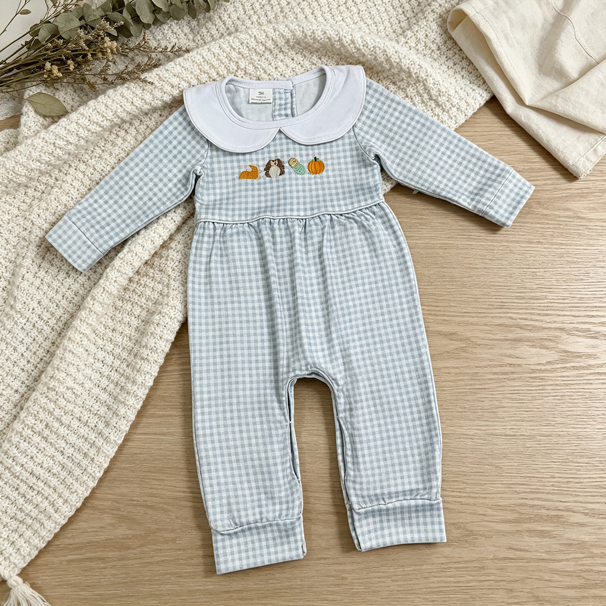 NEW RTS NO MOQ milk silk LR3105 Embroidery Baby Boys Turkey Pumpkins Thanksgiving Rompers
