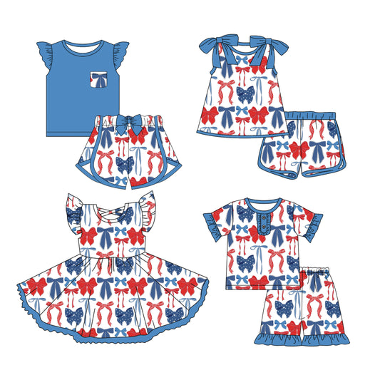 3.12 custom each style moq 5eta 4-6week Sibling Sister bow baby girls short sleeve set and set 2 and sets 3 and dress match design