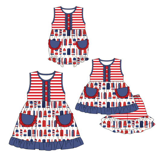 12.16 custom each style moq 5eta 4-6week Sibling Sister ice cream baby girl short sleeve shorts sets and dress and rompers match family design