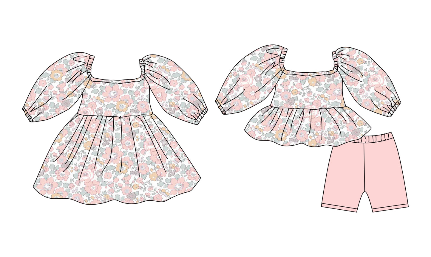 25.12.8 custom each style moq 5 eta 6-8week Sibling Sister floral baby short sleeve shorts sets and dress match design
