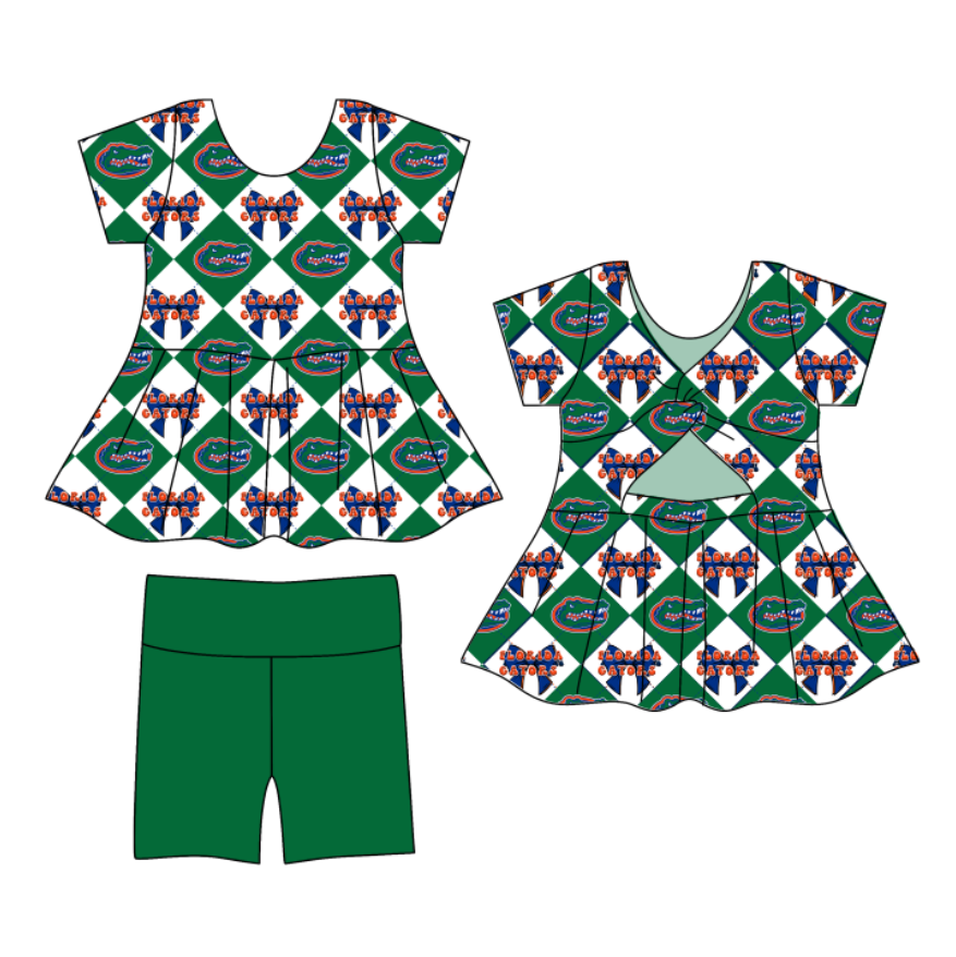 Custom moq 5 mix size green Plaid Baby Girl's Short-Sleeved Shirt And Shorts Team Outfit Children's Clothing Set for Girls
