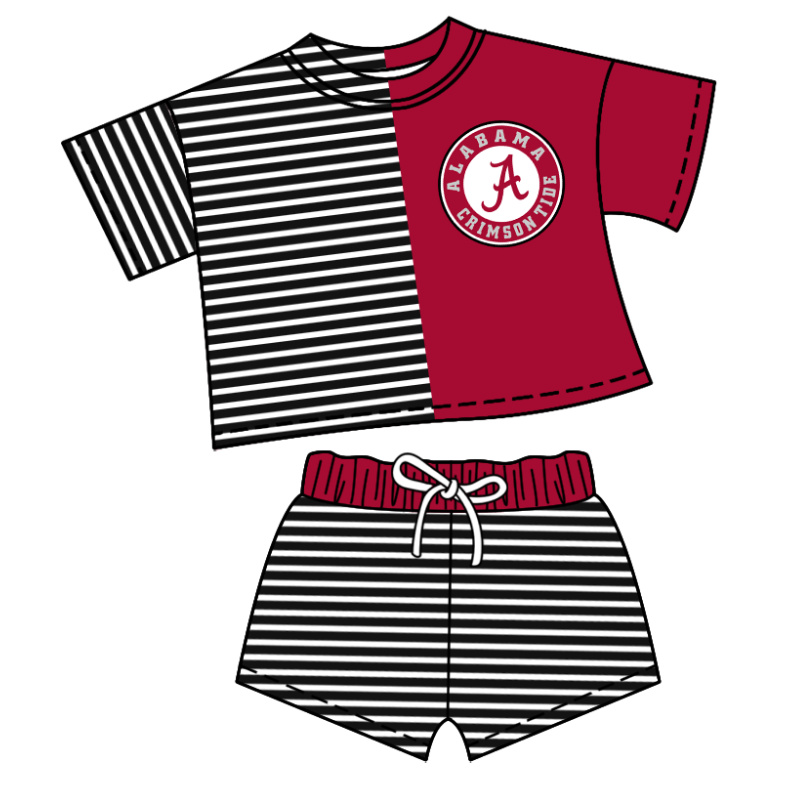 Custom moq 5 mix size milk silk summer teams Children's Dark Red Striped Outfit Set Short-Sleeved Crew Neck Top And Drawstring Shorts for Kids