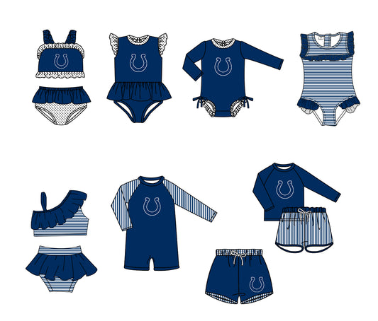 Custom moq 5 mix size milk silk summer teams baby girl boys clothes Navy Blue Two-Piece Swimsuit Set One Piece Swimsuits boy swim trunks