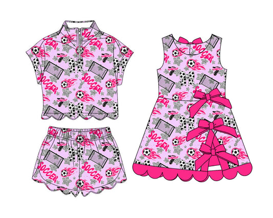 4.9 Custom moq 5 mix size Sibling Baby Girls Footballs Zipper Top Short Scallop Sets Yoga Active Scallop Short Knee Length Dress