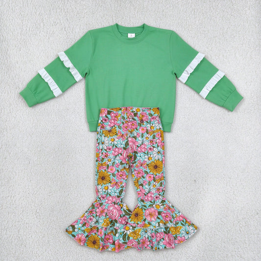 NEW RTS NO MOQ Denim GT1858+ P0633 Baby Girls Green White Ruffle Sleeve Top Flowers Denim Pants Jeans Set