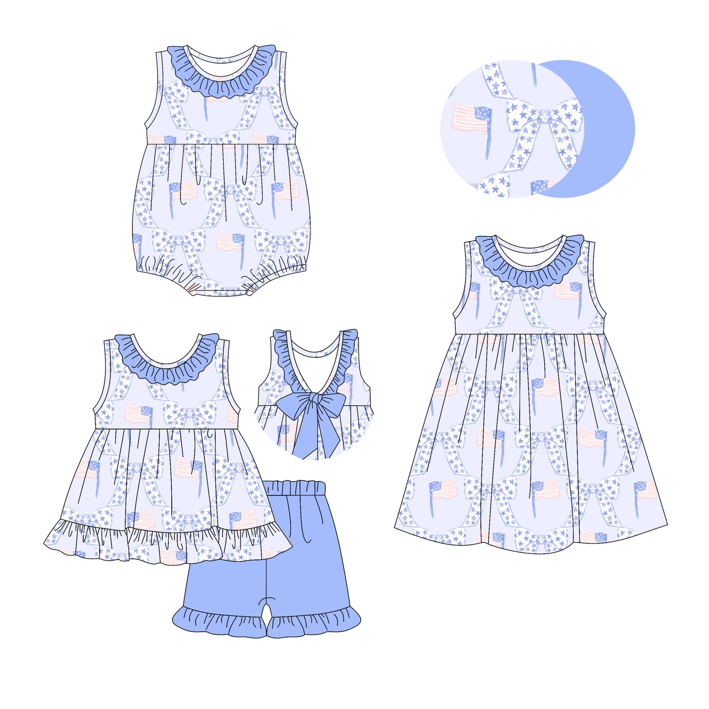 2.25 custom each style moq 5eta 4-6week Sibling Sisters flag bow baby girl short sleeve shorts sets and dress and rompers match family design