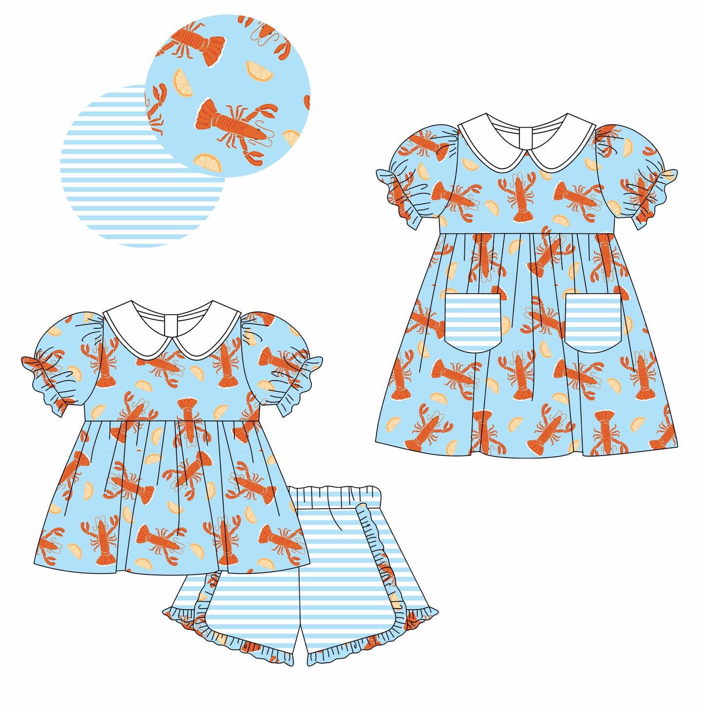12.3 custom each style moq 5eta 4-6week Sibling Sister lobster baby girl short sleeve shorts sets and dresses match design