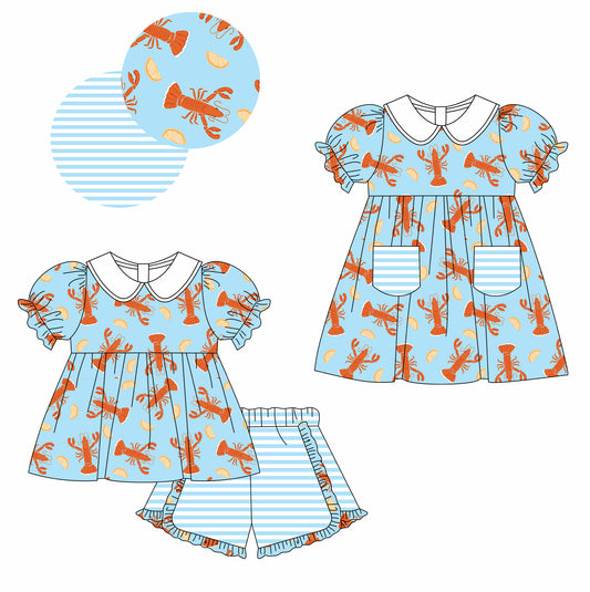 12.3 custom each style moq 5eta 4-6week Sibling Sister lobster baby girl short sleeve shorts sets and dresses match design
