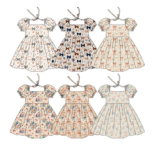 3.19 Custom moq 5 mix size Sibling Baby Girl's Flowers Bows  Short Sleeve Dress Cute Clothing for Infants