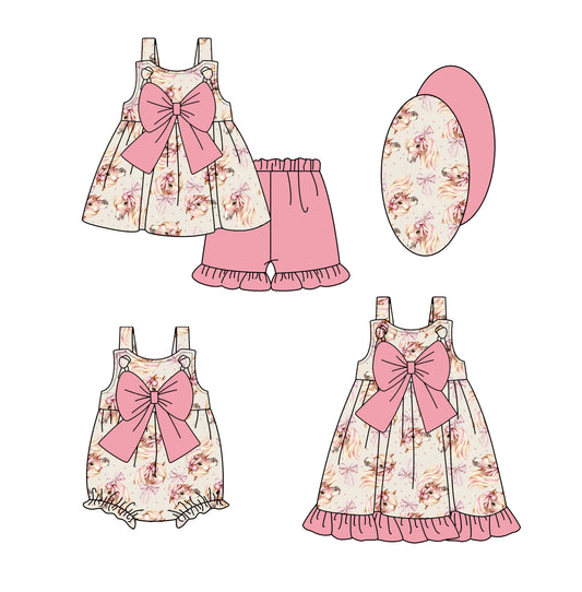 2.21 custom each style moq 5eta 4-6week Sibling Sisters bow horse baby girl short sleeve shorts sets and dress and rompers match family design