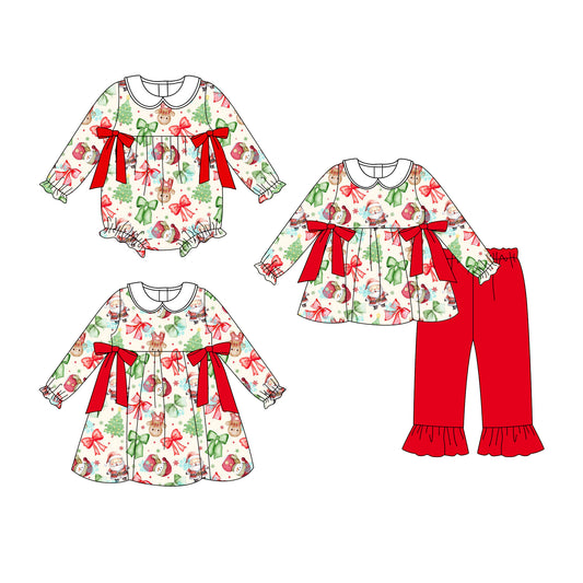 25.7.3 custom each style moq 5eta 4-6week Sibling Sisters Christmas bow baby girl long sleeve pants sets and dress and rompers match family design