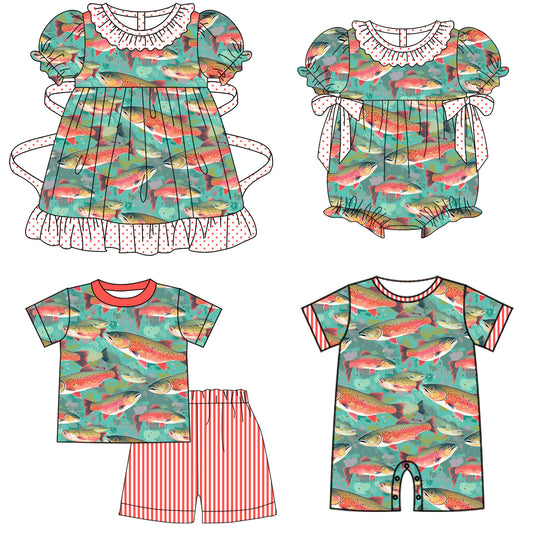 11.9 custom each style moq 5eta 4-6week Sibling Sister fish baby girl short sleeve shorts sets and girl romper and boy romper and dress match design
