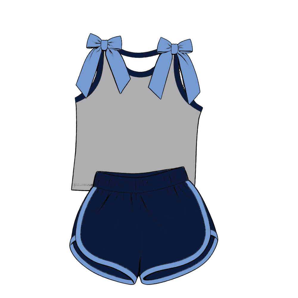 custom moq 5 mix size Baby Girls Light Blue Bow Sleeveless Top Shorts Summer Casual Clothes Set