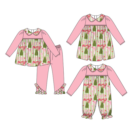25.6.13 custom each style moq 5eta 4-6week Sibling Sisters Christmas trees bow baby girl long sleeve pants sets and dress and rompers match family design
