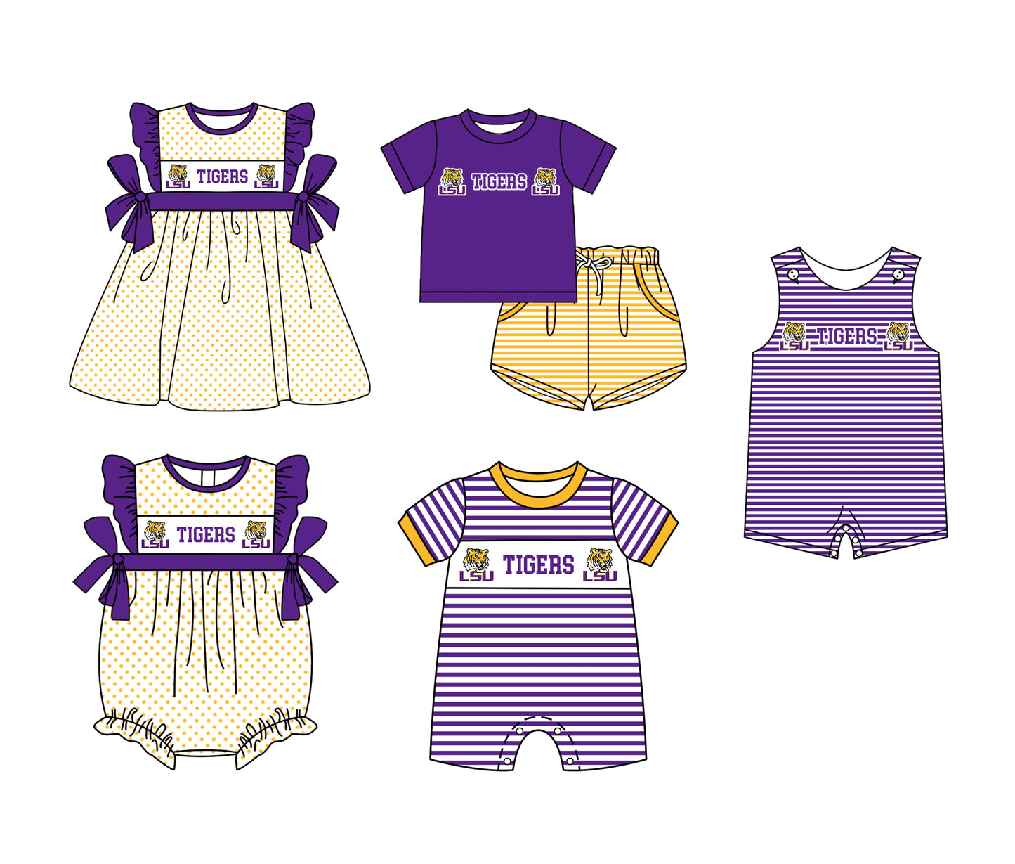 Custom moq 5 mix size milk silk summer teams Boys Purple Short Sleeve Top Striped Shorts Set With Matching Romper Girls Flutter Sleeve Polka Dot Dress Romper