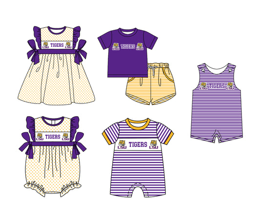 Custom moq 5 mix size milk silk summer teams Boys Purple Short Sleeve Top Striped Shorts Set With Matching Romper Girls Flutter Sleeve Polka Dot Dress Romper