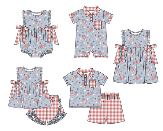 11.23 custom each style moq 5eta 4-6week Sibling Sister 4th of july flag baby girl short sleeve shorts sets and sets 2 and girls romper and boy romper and dress match design