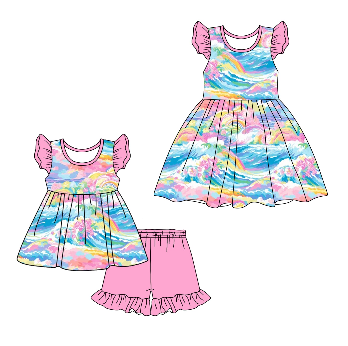 12.18 custom each style moq 5eta 4-6week Sibling Sister rainbow baby girl short sleeve shorts sets and dresses match design