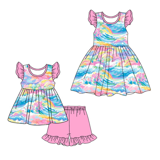 12.18 custom each style moq 5eta 4-6week Sibling Sister rainbow baby girl short sleeve shorts sets and dresses match design