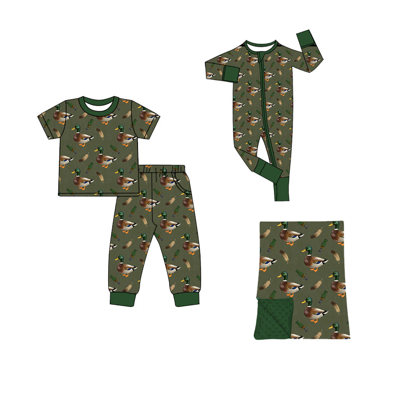(Preorder new) No moq Boys Hunting Green Duck Print Long Sleeve Matching Pajamas Set Romper Blankets