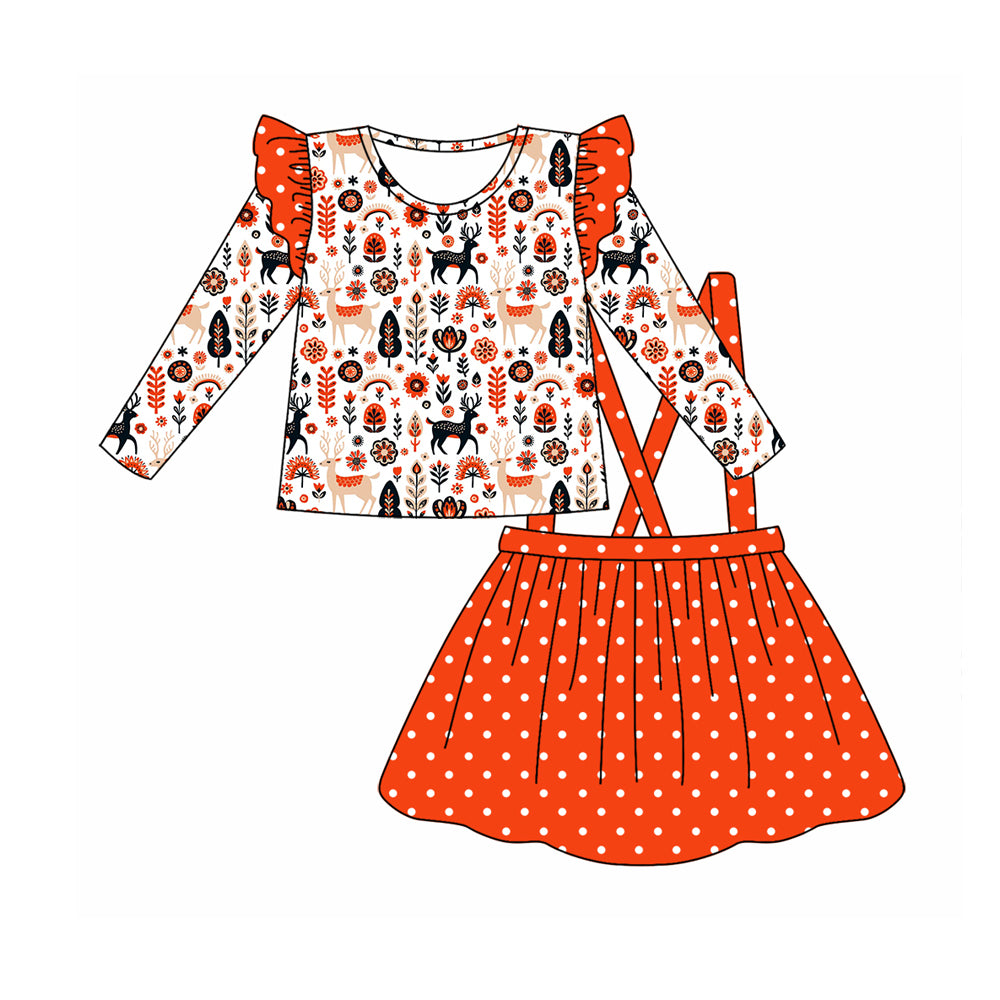7.9 custom each style moq 5eta 4-6week baby girls clothes Christmas deer floral orange long sleeve girls overall dress