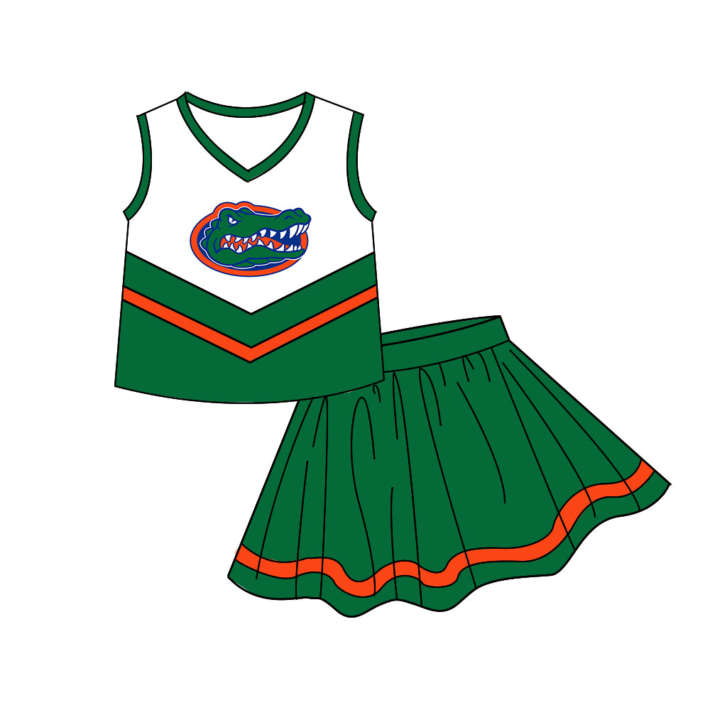 Custom moq 5 mix size milk silk summer teams Baby Girls Cheerleader Green Sleeveless Top Skirt Team Clothes Set