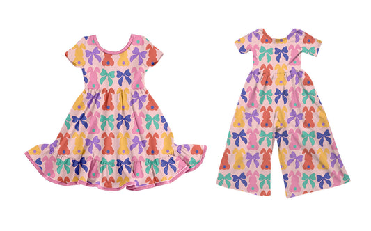 25.9.24 custom each style moq 8 eta 6-8week Sibling Sisters bunny bow baby girl long sleeve dress and jumpsuit match family design