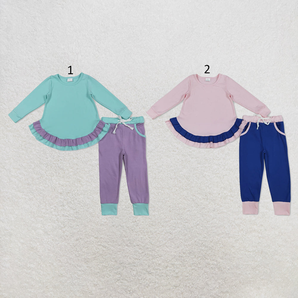 RTS NO MOQ Sibling cotton Baby Girls Solid Color Ruffle Long Sleeve Top With Pockets And Leggings Set