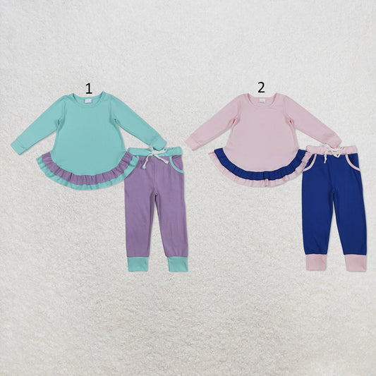 RTS NO MOQ Sibling cotton Baby Girls Solid Color Ruffle Long Sleeve Top With Pockets And Leggings Set