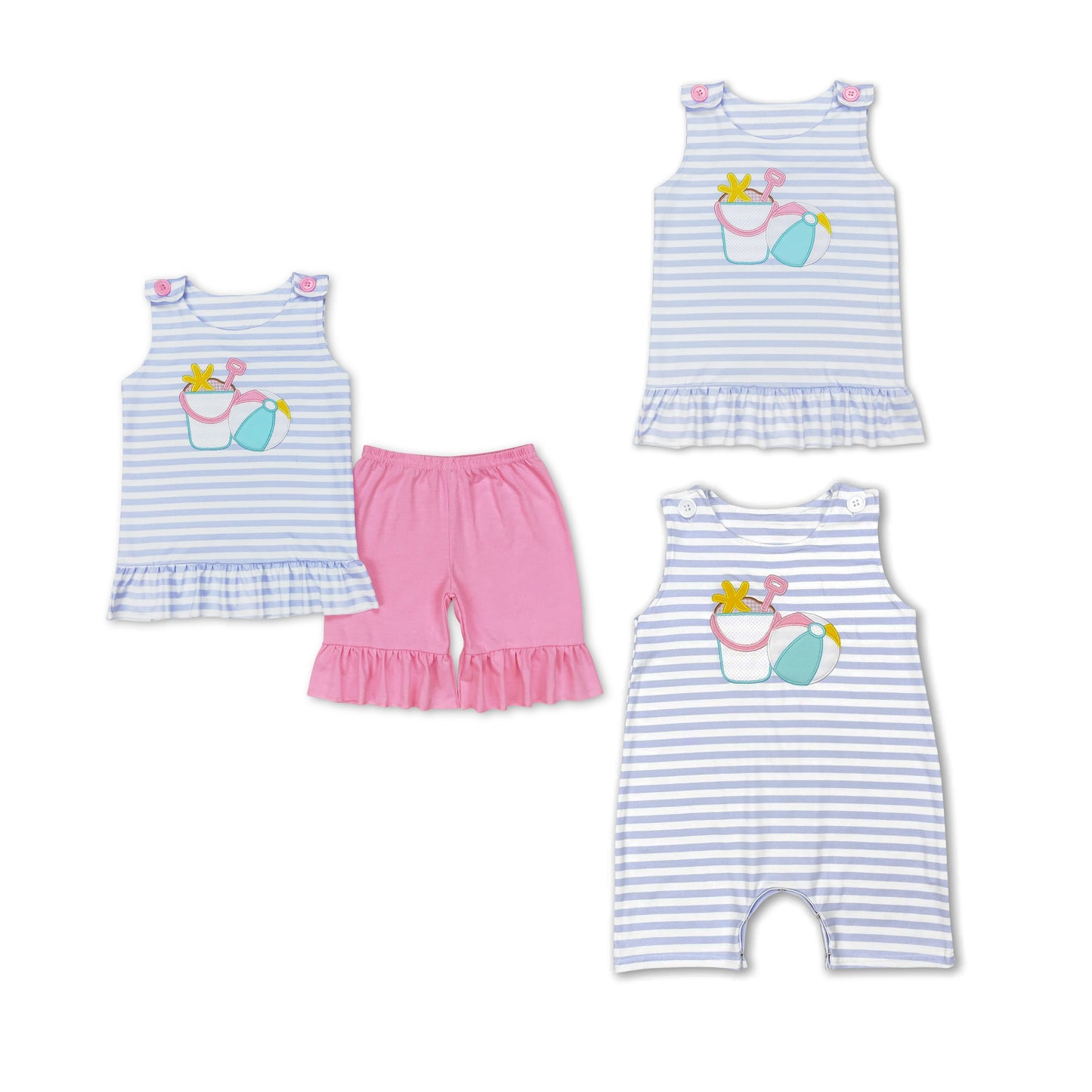 RTS NO MOQ Embroidered Beach Bucket-Beach Ball Striped Sleeveless Top & Short Sleeve Shorts Set & Crawling Suit