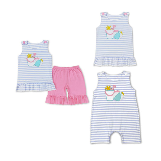 RTS NO MOQ Embroidered Beach Bucket-Beach Ball Striped Sleeveless Top & Short Sleeve Shorts Set & Crawling Suit