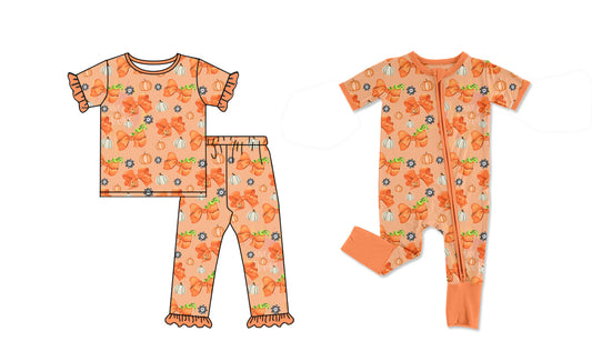 4.26 custom each style moq 5eta 4-6week Sibling Sisters pumpkin bow baby boy short sleeve pants sets and rompers match family design