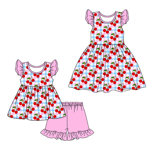 25.10.27 custom each style moq 5 eta 6-8week Sibling Sister cherry baby girl short sleeve shorts sets and dress match design