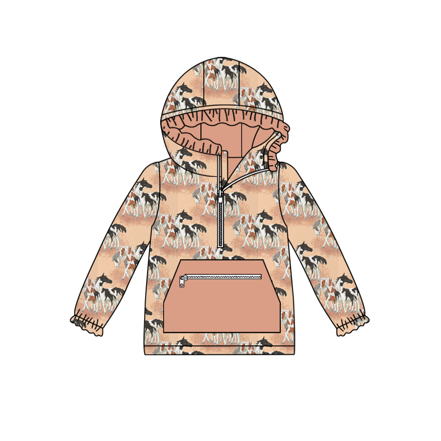 8.17 custom each style moq 5 eta 4-6week baby girls clothes horse pink hooded long sleeve top
