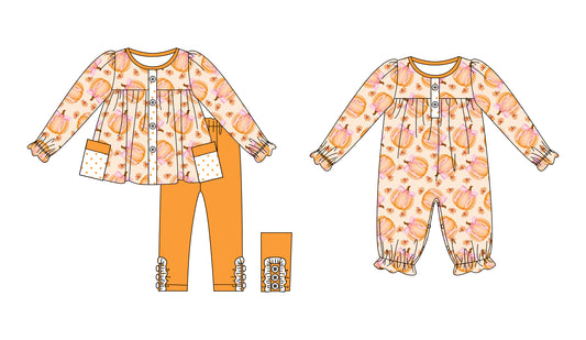 25.7.9 custom each style moq 5eta 4-6week Sibling Sister pumpkin bow baby girl long sleeve pants sets and rompers match family design