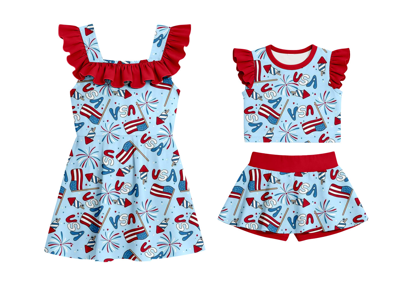Custom moq 5 mix size Sibling Baby Girl Print Sleeveless Top And Shorts Set Dress Cute Summer 4th of July Outfit