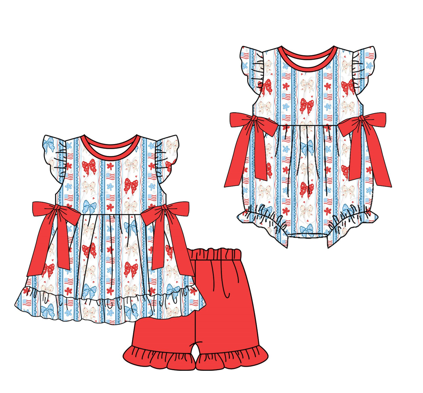 26.1.22 custom each style moq 5 eta 6-8week Sibling Sister flag bow baby girl short sleeve shorts sets and romper match design