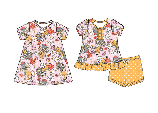 4.23 custom each style moq 5eta 4-6week Sibling Sister pencil bow floral baby girl short sleeve shorts sets and dresses match design