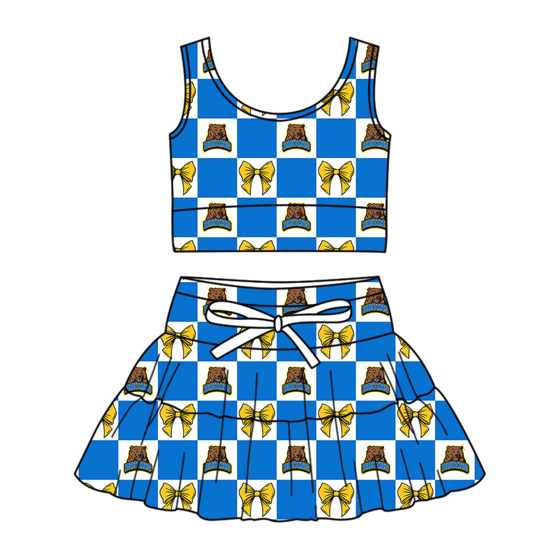 Custom moq 5 mix size Milk Silk Summer Girls' Set Animal Bow Print Plaid Sleeveless Skirt Three-Piece Set including a dress and shorts