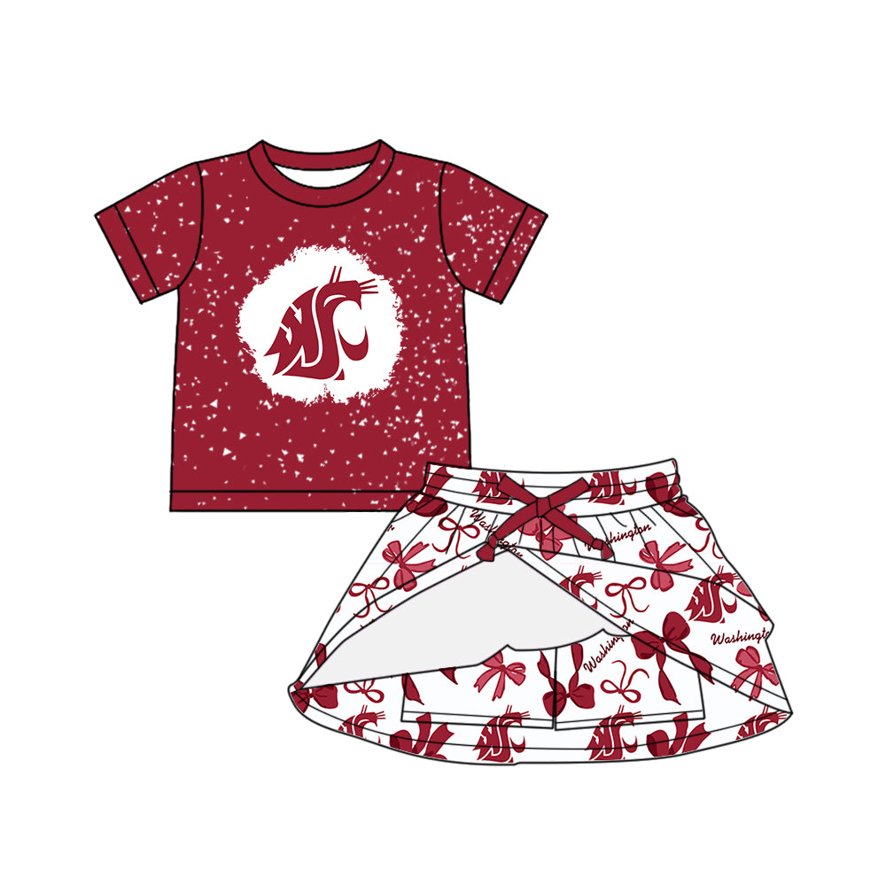 Custom moq 5 mix sizes summer teams baby girls clothes team brick red short sleeve skirts shorts sets dress 1 and dress 2 and dress 3 and dress 4-25.5.26