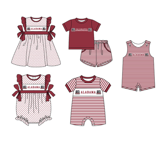 Custom moq 5 mix size milk silk summer teams Boys Short Sleeve Top Red Striped Shorts Set With Matching Romper Girls Flutter Sleeve Polka Dot Dress Romper
